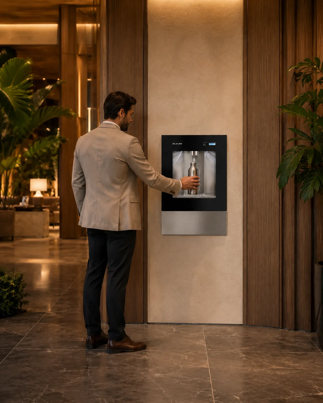 Estacion Elkay Liv EZH2O touchless empotrada en area de hotel — bebedero sin contacto, Smart Filter Mexico