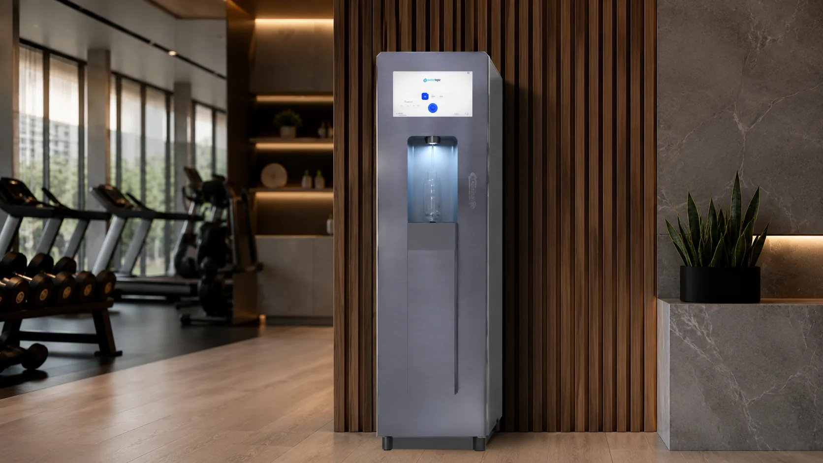 Dispensador Waterlogic XL1 instalado en un gimnasio corporativo con muro de madera