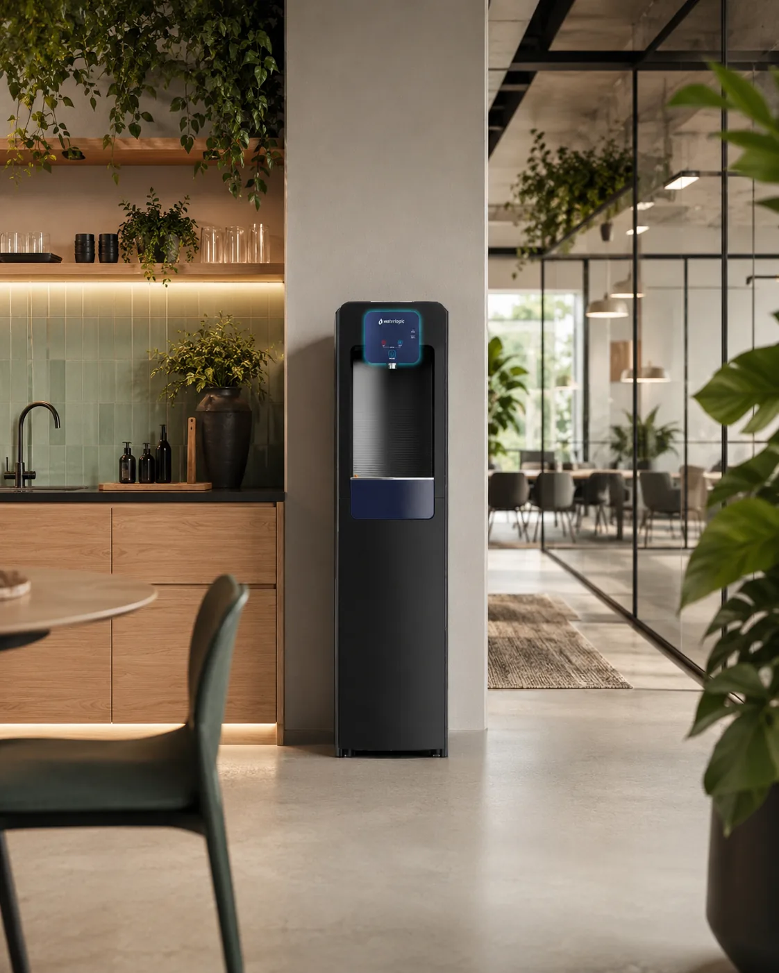 Dispensador en una kitchenette corporativa con plantas
